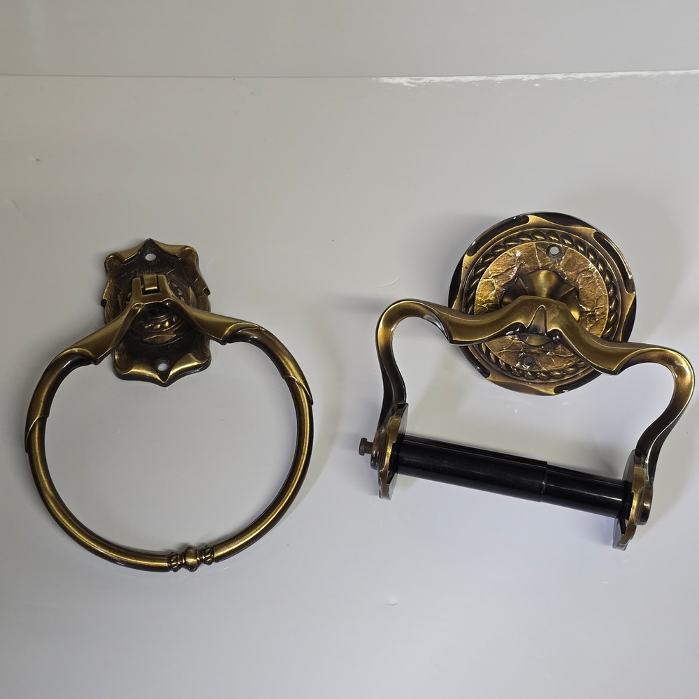 Vintage Amerock Towel Ring and Toilet Paper Holder Set Brass Ornate Victorian
